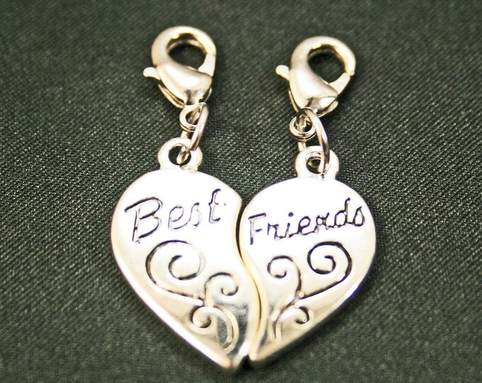 Antique Silver Best Friends Heart Charm set 2 Bracelet Charms Necklace Pendant Jewelry Charms Earrings Earring Zipper Pulls