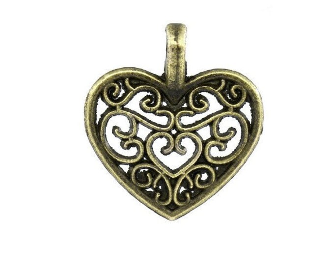 Bulk 6 Heart Charms Filigree Antique Bronze 2 Sided Bracelet Charm Necklace Pendant Jewelry Supplies Charms Craft Projects Earrings Earring