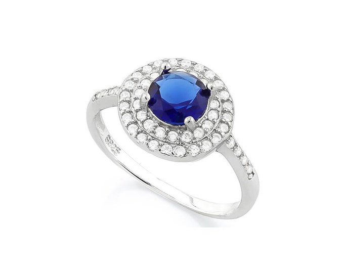 1 1/3 Ct Created Blue Sapphire and Created Diamonds Sterling Silver Halo Ring 925 Cocktail Ring Statement Ring Estate Jewelry Size 7