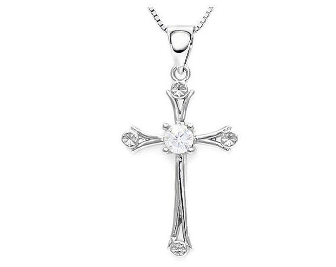 Elegant White Sapphire Cross 925 Pendant Sterling Silver 18 Inch Box Chain Necklace Confirmation Gift  Christian Gift Baptism