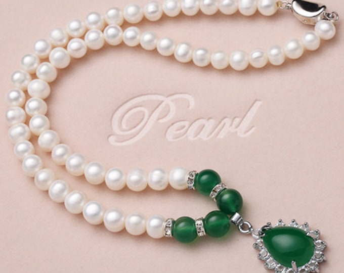 Fresh Water Pearls & Jade 925 Sterling Silver Necklace Hand Strung Pearl Jewelry