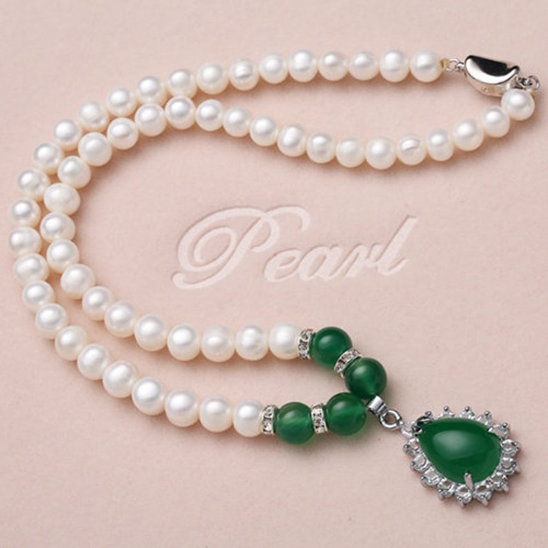 Fresh Water Pearls Jade 924 Sterling Silver Necklace Gift Wome Fresh Water Pearls Jade 924 Sterling Silver Necklace Gift Wome