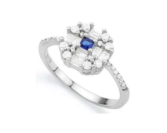 1.6 Ct Created Blue and White Sapphire & Cubic Zirconia CZ Sterling Silver Ring 925 Statement Cocktail Ring Estate Jewelry Size 7