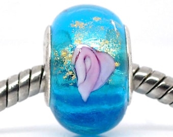 5 Lampwork Glass European Bracelet Bead Round Aqua Blue Silver Plated Core Flower Pattern Necklace Craft Supply Jewelry