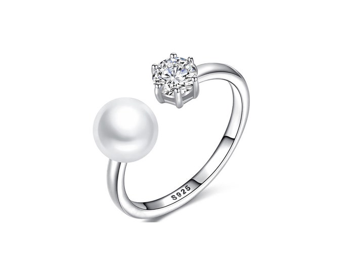 Freshwater Pearl & CZ Sterling Silver Ring 925 Ring Cubic Zirconia Statement Jewelry Size 7 US