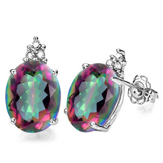 2.20 Ct Mystic Topaz & Diamond Stud Earrings 10K … - image 4