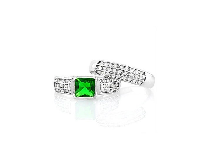 1.5 Ct Created Emerald & Created Diamonds Sterling Silver Ring 925 Engagement Ring Wedding Band Statement Ring Estate Jewelry Size 7