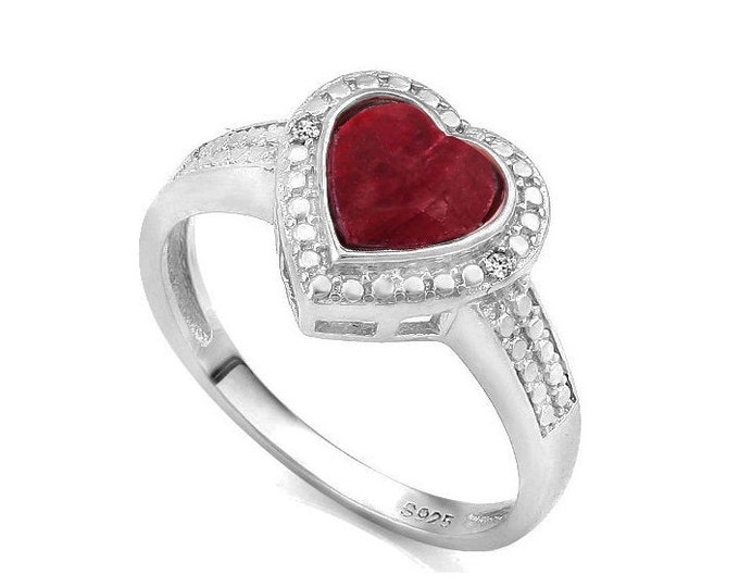 1 1/2 Ct Enhanced Genuine Ruby & Diamond Ring Heart Cut 925 Sterling Silver Ring Gemstone Estate Jewelry Rings Size 7