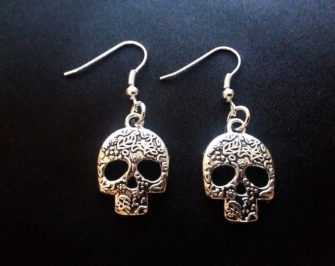 Skull Charm Earrings on Silver Plated French Hook Ear Wire Day of  the Dead Sugar Skull Halloween Charms