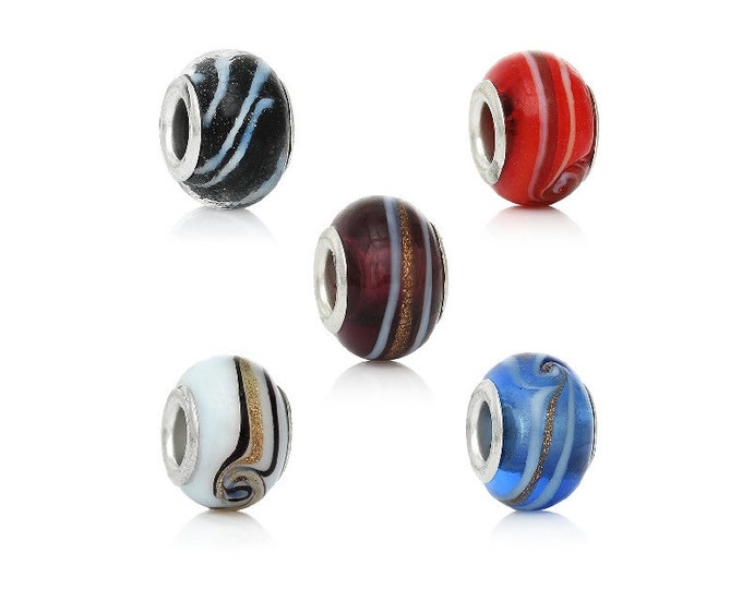 5 Lampwork Glass European Bracelet Bead Round Silver Plated Core White & Gold Swirl Pattern Necklace Craft Supply Jewelry