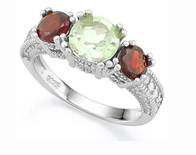 1 Ct Green Amethyst & 2 1/2 Ct Garnet Sterling Silver Ring 925 Gemstone Jewelry Size 6