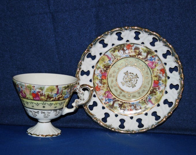 Vintage Victorian Garden Scene Teacup and Reticulated Saucer Marked Japan Tea Cup Hand Painted Japanese Tea Garden Party Antique