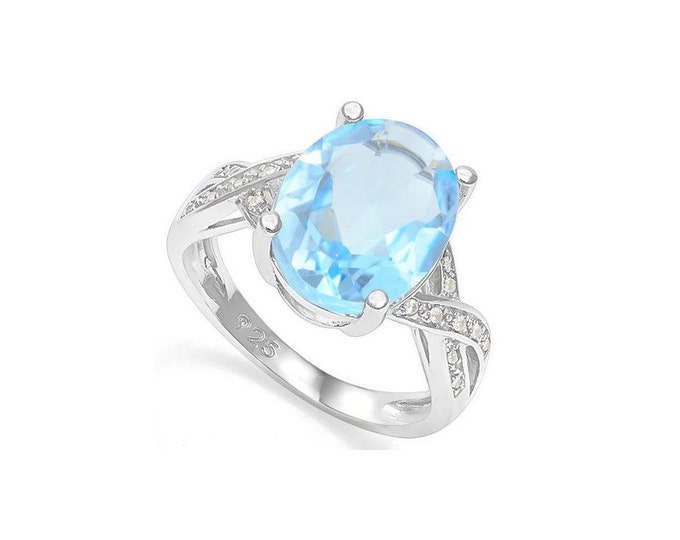 5 1/2 Ct Topaz & Created White Sapphire Sterling Silver Ring 925 Sky Blue Statement Cocktail Jewelry