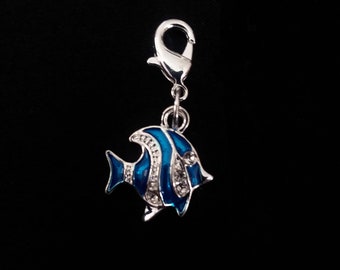 Argent et émail bleu breloque poisson tropical plaqué argent bracelet à breloques collier pendentif bijoux à breloques boucles d'oreilles boucle d'oreille tirettes