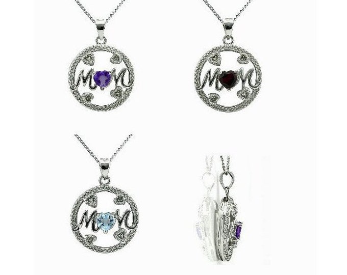 2/5 Ct Amethyst, 2/3 Ct Garnet or 1/2 Blue Topaz & Diamond 925 Sterling Silver MOM Pendant on a 18  Inch Sterling Silver Box Chain Necklace