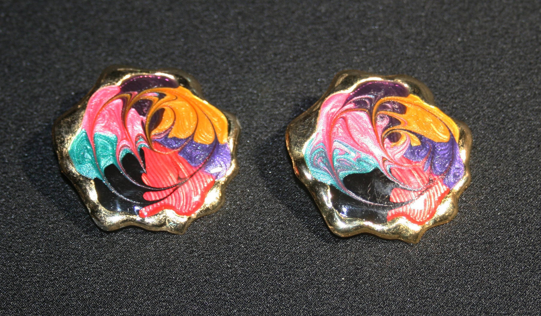 Vintage Multi Color Enamel Earrings Post Back Costume Jewelry Gold Tone