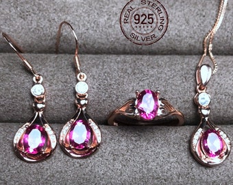 Imperial Pink Topaz Sterling Silver Jewelry Set 925 Ring Pendant & Earrings Rose Gold Plated