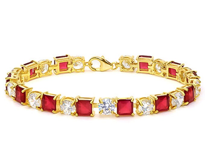 26.39 Ct Created Ruby & 22 Ct Created Diamond 925 Bracelet Sterling Silver Gemstone Tennis Bracelet Jewelry
