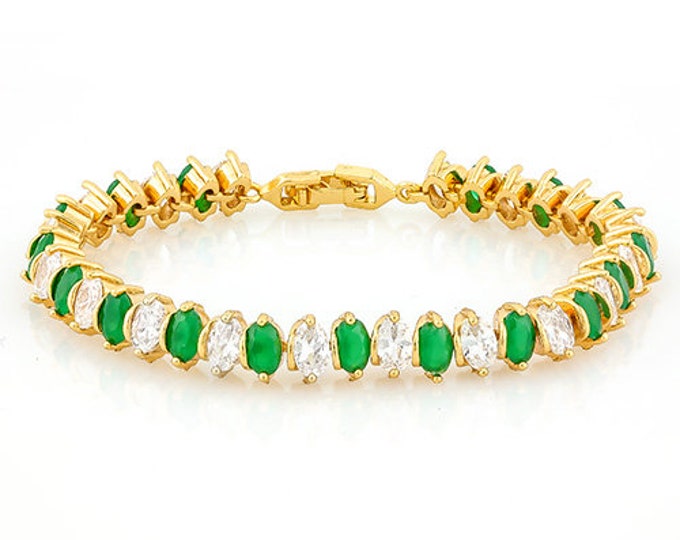 11 Carat Created Emerald & 10 Carat Created Diamond 18K Gold Plated German Silver Bracelet Gemstone Estate Statement Jewelry Gift Women