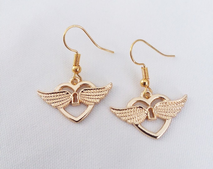 Golden Winged Heart Charm Earrings Gold Plated French Hook