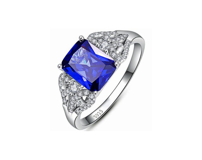 1.25 Ct Created Blue Sapphire & White Sapphire Sterling Silver Ring 925 Ring Cocktail Ring Statement Ring Estate Jewelry Size 7 1/4