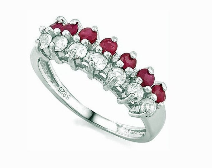 Elegant Ruby & White Topaz Sterling Silver Ring 925 Gemstone Statement Jewelry Ring Size 6 USA