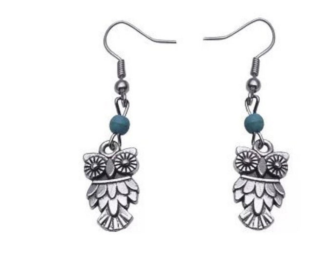 Turquoise Owl Dangle Drop Earrings French Hooks Boho Fashion Jewelry