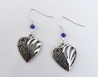 Filagre Heart Earrings with Purple Crystal Heart Charm Earring Drop Dangle Jewelry French Hook Style Ear Wires Gothic Celtic