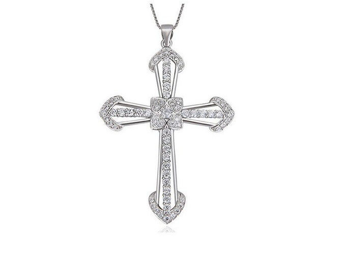 Elegant Sterling Silver Cross Pendant Necklace Created White Sapphire w/ 18 Inch 925 Curb Chain Confirmation Gift Christian Gift Baptism