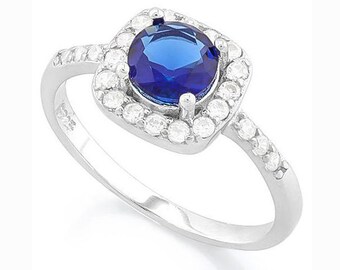 1 1/3 Ct Created Blue Sapphire and 1/4 Ct Created Diamond Sterling Silver Ring 925 Gemstone Estate Jewelry Rings Size 7