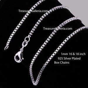 925 Sterling Silver Plated Box Chain Necklace with Lobster Clasp 1mm 16 and 18 inch Chains for Pendants Jewelry Making Craft Projects