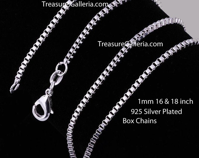 925 Sterling Silver Plated Box Chain Necklace with Lobster Clasp 1mm 16 and 18 inch Chains for Pendants Jewelry Making Craft Projects