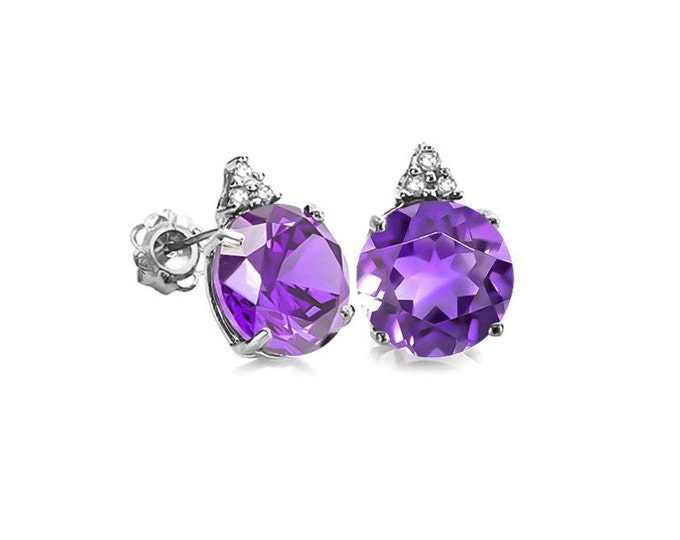 1.54 Ct Purple Amethyst & Diamond Earrings 10K Solid White Gold Stud Round Cut Gemstone Jewelry