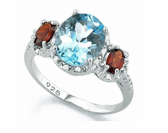 3.2 Ct Sky Blue Topaz & Garnet Sterling Silver Ring 925 Diamond Gemstone Jewelry Size 7