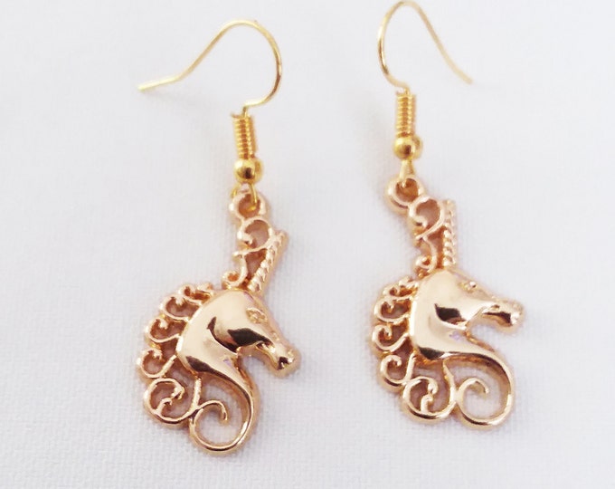 Gold Unicorn Charm Earrings Gold Plated French Hook Ear Wires