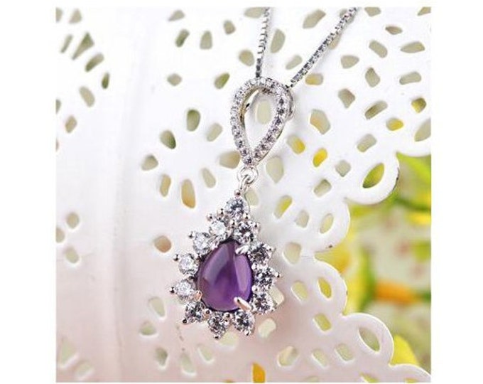 1 1/2 Ct Amethyst & 1 1/2 Ct Cubic Zirconia CZ Sterling Silver Pendant on an 18 inch Sterling Silver Box Chain 925 Necklace Estate Jewelry