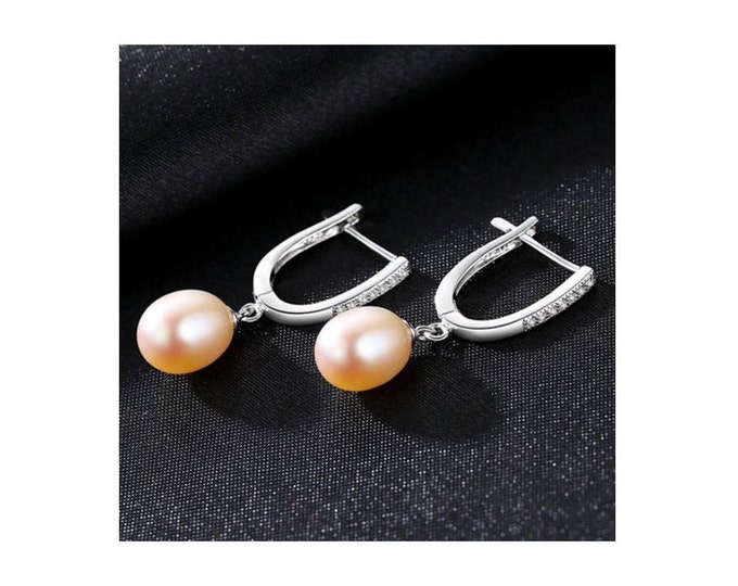 Pink Freshwater Pearl & Cubic Zirconia 925 Earrings Sterling Silver (CZ) Gemstone Statement Jewelry