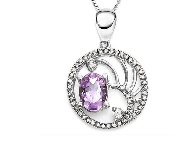 1.73 Ct Amethyst & Created White Sapphire Sterling Silver Pendant w/ 18 inch 925 Box Chain Necklace