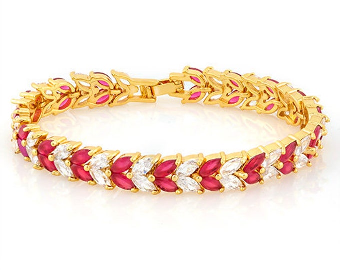 16 Ct Created Ruby & 10 Ct Created White Topaz 18 Kt Gold Plated German Silver Bracelet Gemstone Statement Jewelry
