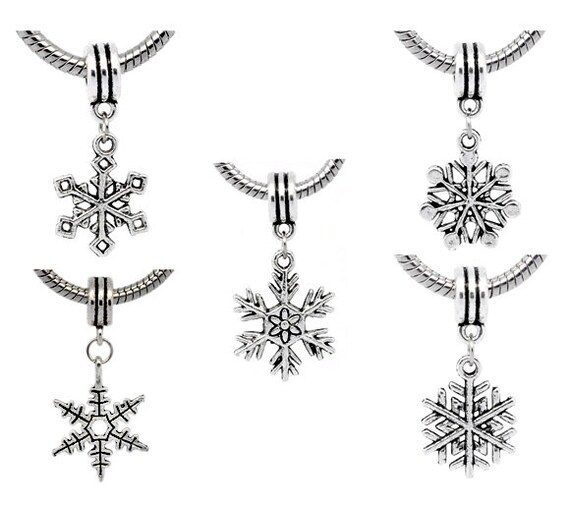 Set of 5 Snowflake Charm Dangle Beads European Bracelet Style Bead Charms Antique Silver Tone Christmas Holiday Inspired Jewelry Etsy