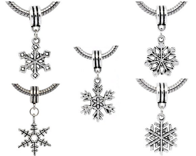 Set of 5 Snowflake Charm Dangle Beads European Bracelet Style Bead Charms Antique Silver Tone Christmas Holiday Inspired Jewelry