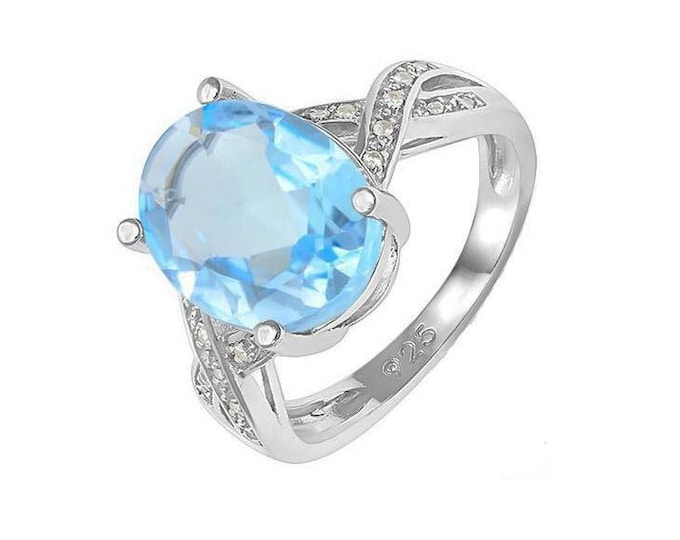 Beautiful 5 1/2 Ct Sky Blue Topaz & 1/5 Ct Created White Sapphires 925 Sterling Silver Ring Gemstone Jewelry Size 7