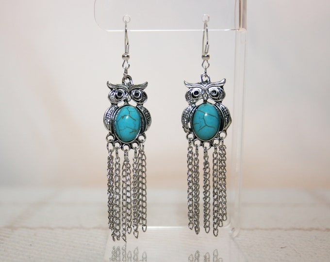 Turquoise Owl Chandelier Dangle Earrings  French Hooks Boho Fashion Jewelry