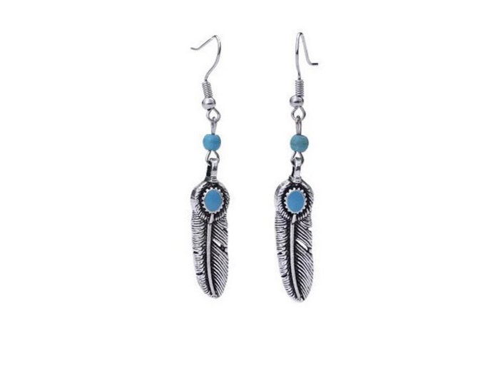 Turquoise & Feather Charm French Hook Earrings Boho Fashion Jewelry