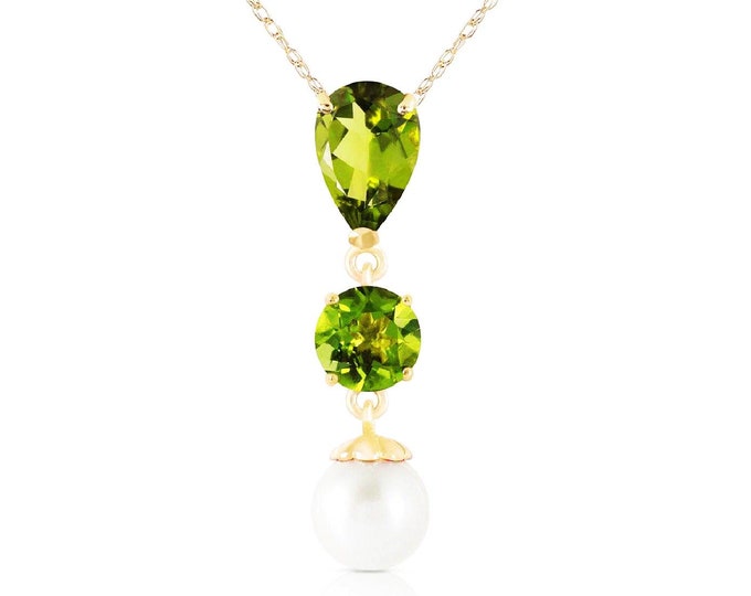 5.25 Ct Peridot & Pearl Pendant Necklace on a 14 KT Solid White Gold Rope Chain Gemstone Jewelry