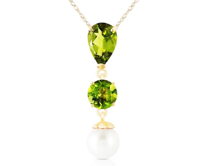 5.25 Ct Peridot & Pearl Pendant Necklace on a 14 KT Solid White Gold Rope Chain Gemstone Jewelry