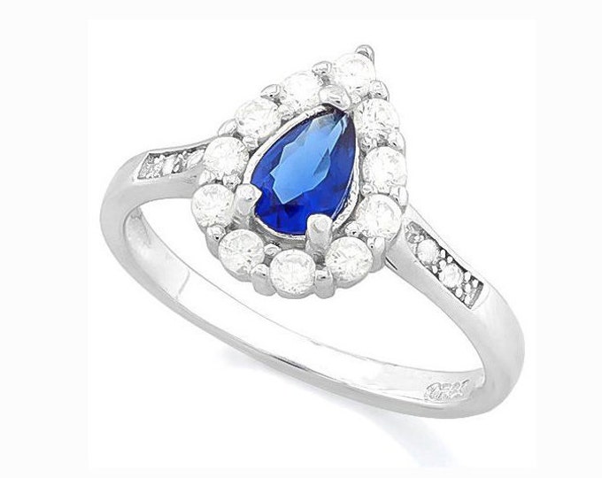 1 Carat Created Blue & White Sapphire Sterling Silver Ring 925 Halo Gemstone Jewelry Size 7