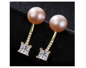 Freshwater Pearl & CZ Cubic Zirconia 925 Earrings Sterling Silver Gemstone Statement Jewelry