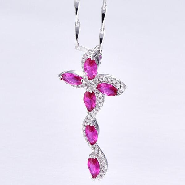 Elegant Pink Sapphire & Diamond 925 Cross Necklace Pendant Sterling