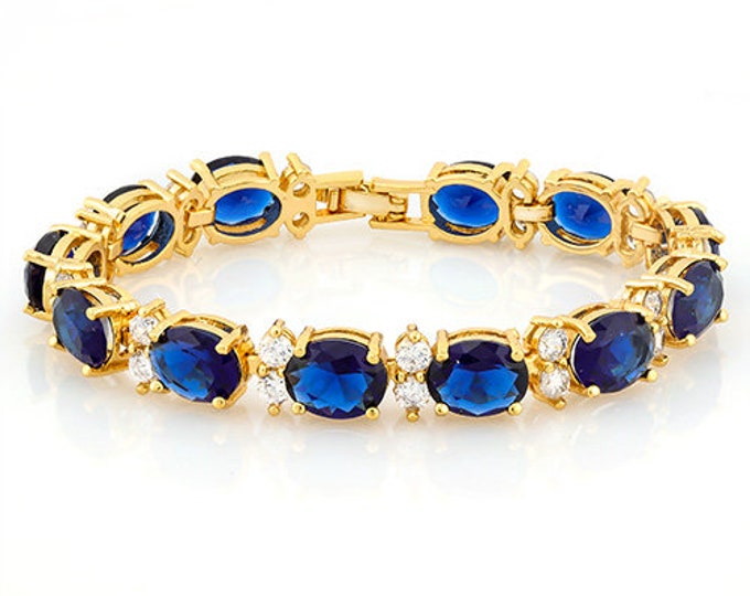 35 Ct Created Blue Sapphire & White Topaz Bracelet 18Kt Gold Plated German Silver Gemstone Jewelry Tennis Bracelet